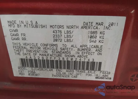 2011 Mitsubishi Galant Fe from USA, damaged, VIN 4A32B2FF3BE024743